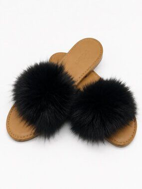 Bebe Black Fur Slide Sandals Women’s Size 7 Luxe Fluffy Slip On Slides